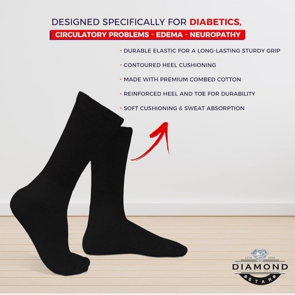 3 Pair Diamond Star Unisex Non-Binding Cotton Crew Diabetic Socks Size 1… - Picture 3 of 7